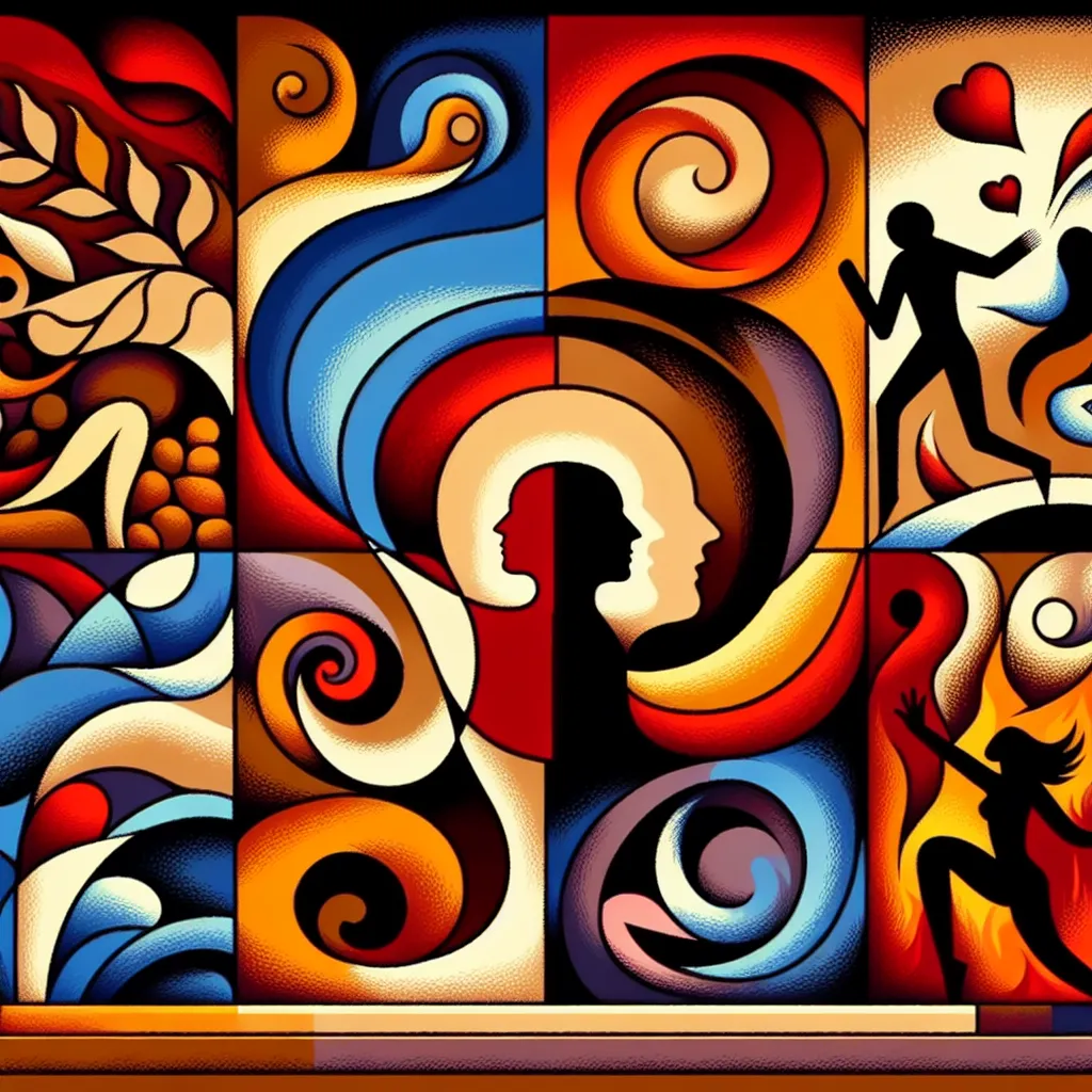 Acorralada, Amor, Conflicto, Villano, Pasión in an abstract style