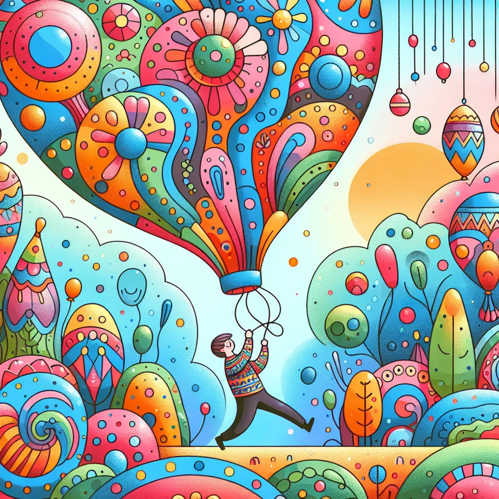 Illustration of a person playfully inflating like a balloon, with colorful patterns and a whimsical background.