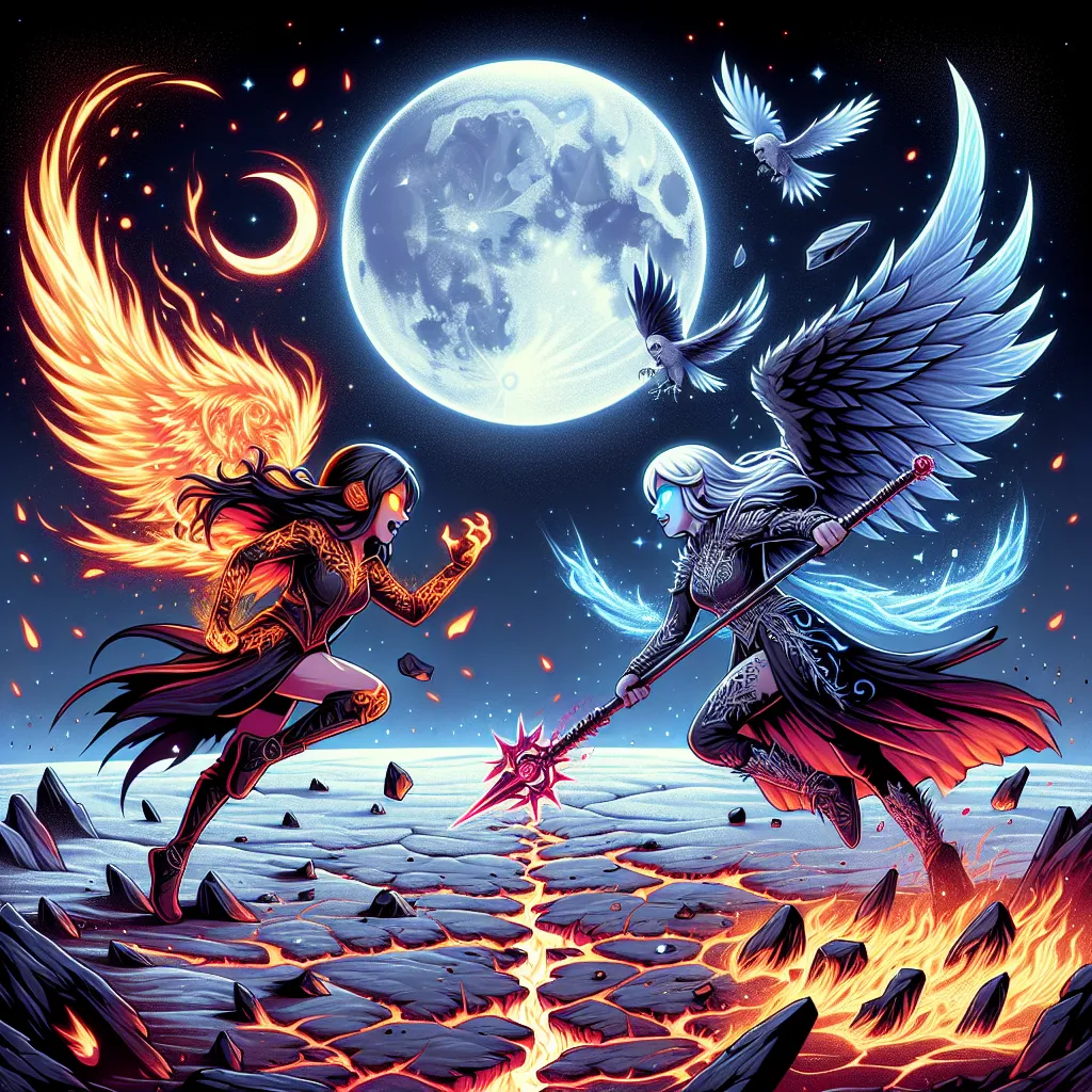 Illustration of a dramatic battle scene on the moon between Bloom, transformed with fiery wings and glowing orange eyes, and Icy, wielding an ice mace against a backdrop of stars. The ground is cracked from their intense powers, with flames and shards of ice scattered around, showcasing the climax of their final duel.