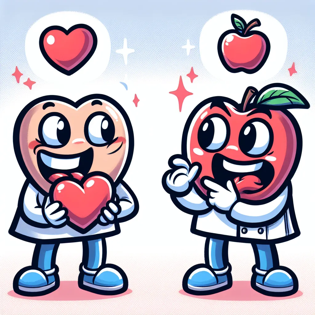 Illustration of a playful debate between two cartoon characters, one favoring a heart symbol over an apple, with humorous expressions.