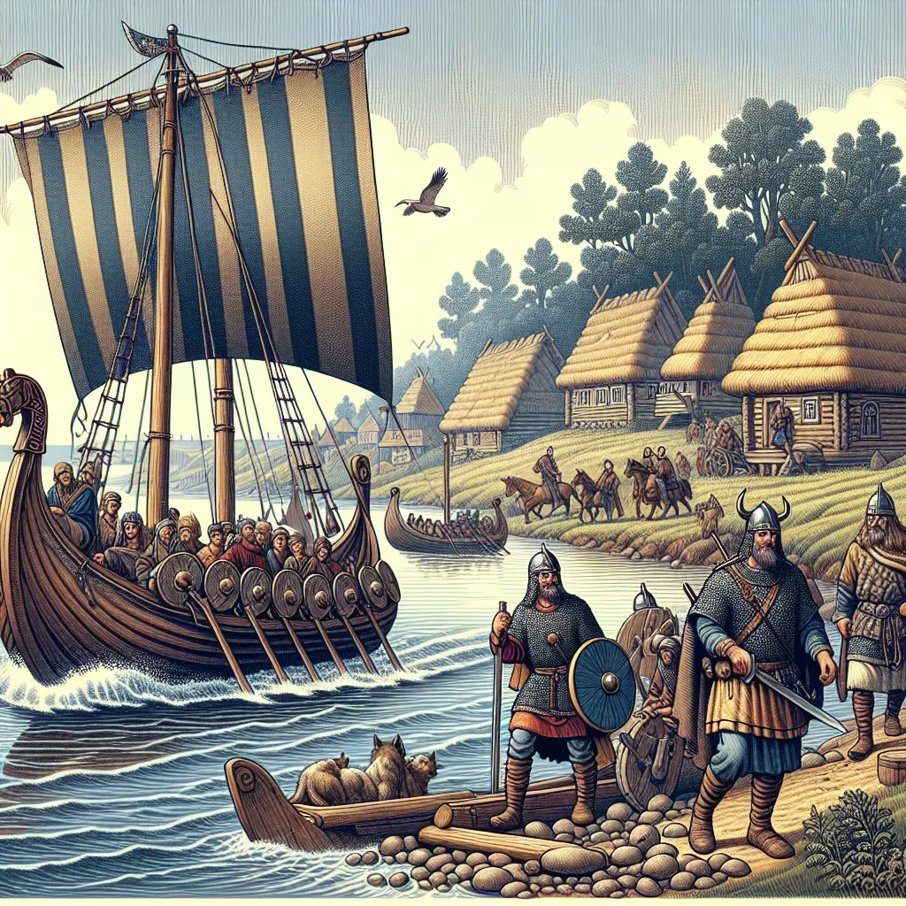 Illustration of Viking ships and Slavic settlements depicting the early interactions between the Varangians (Vikings) and Slavs in the formation of the first Russian state.