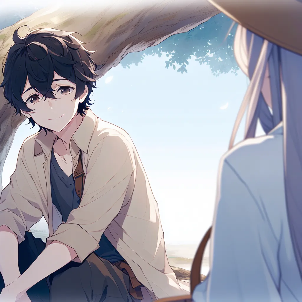 Gambaran ilustrasi Sasuke dengan gaya tenang dan lembut, duduk di bawah pohon, tersenyum dengan cara yang hangat, menggambarkan sikap Hinata yang penuh perhatian dan pengertian.
