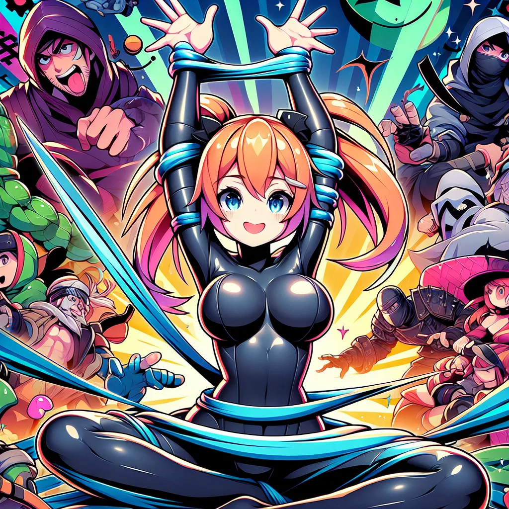 Illustration of a character inspired by Ibuki from Street Fighter, playfully stretching her arms like rubber while surrounded by a vibrant, dynamic background filled with ninja and pirate elements.