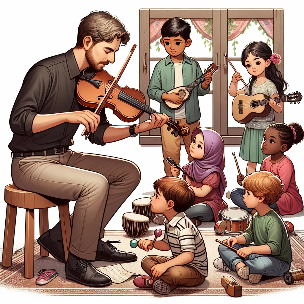 Illustration of a teacher sitting with children in a classroom setup, demonstrating the use of musical instruments as kids watch intently and participate.