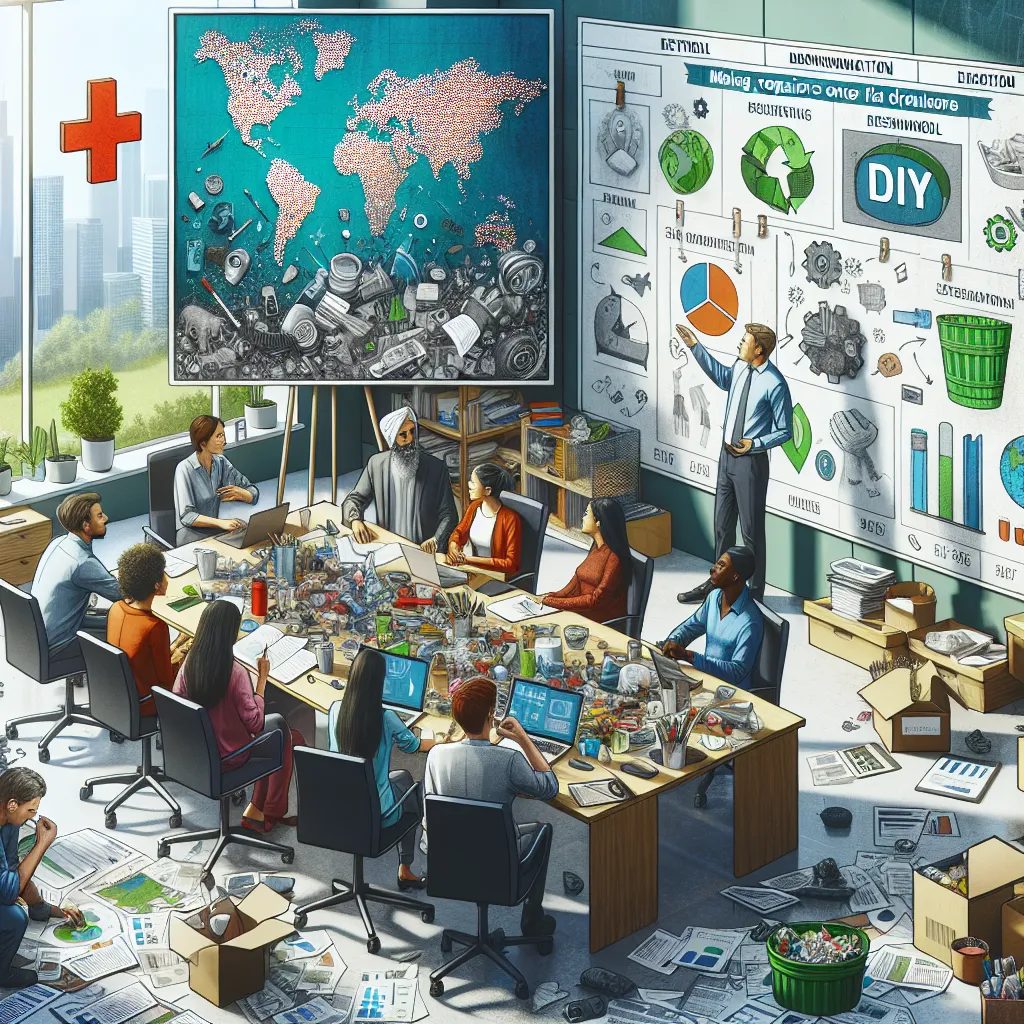 Image of an office setting with employees discussing waste reduction strategies, with a red cross over the concept of making repairs themselves.