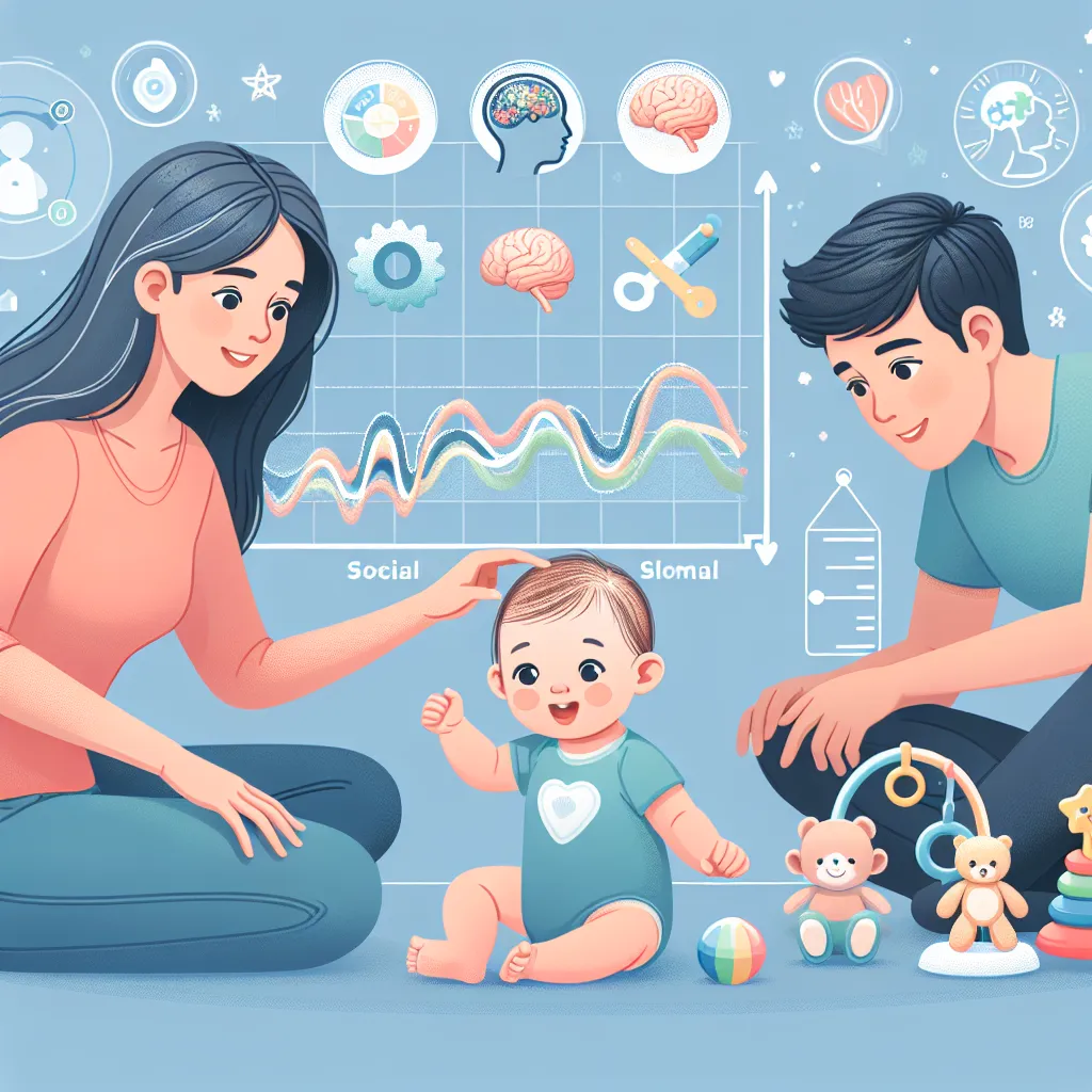 Illustration of an infant surrounded by various toys, showing milestones like social interaction and language learning, while a chart in the background indicates brain development stages.