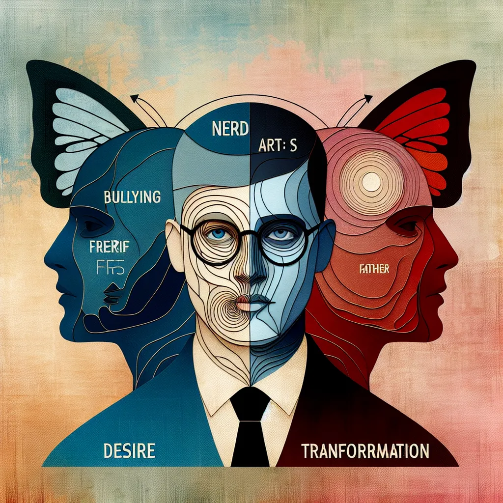 Nerd, Bullying, Deseo, Padre, Transformación in an abstract style