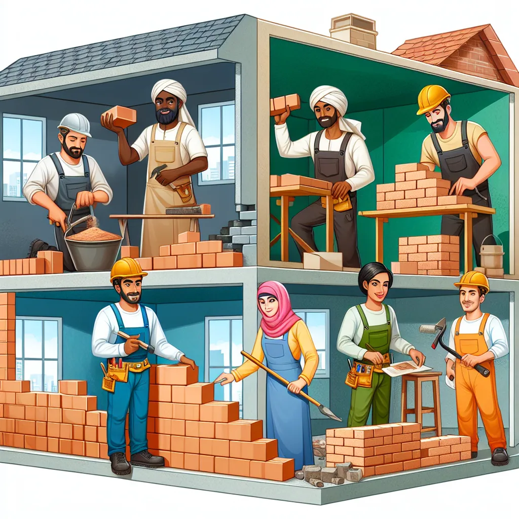 Digital illustration of a construction site showing workers using clay bricks to build a five-room house with a garage.