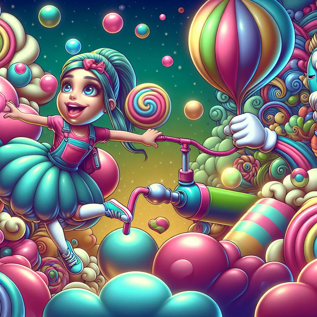 Illustration of a whimsical scene featuring a girl with bubble gum features, playfully floating as if being inflated by a friendly character using a colorful air pump. The background is a vibrant, cartoonish landscape filled with oversized candy and bubbly clouds.