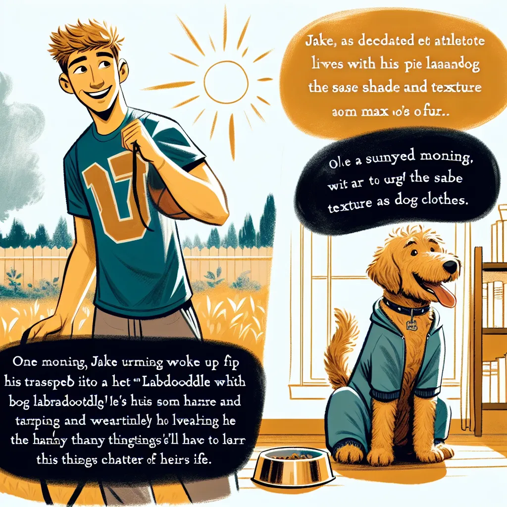 Once upon a time, in a small college town, there lived a dedicated athlete named Jake. For years, he had trained hard, not only for his sport but also for a special companion—his pet labradoodle, Max. From the moment Max was a tiny puppy, Jake poured his heart into training him. Their bond grew stronger with each passing day, and after much effort, Max mastered an array of tricks and commands that left everyone in awe.

One sunny morning, Jake woke up to the soft rays of sunlight streaming throu