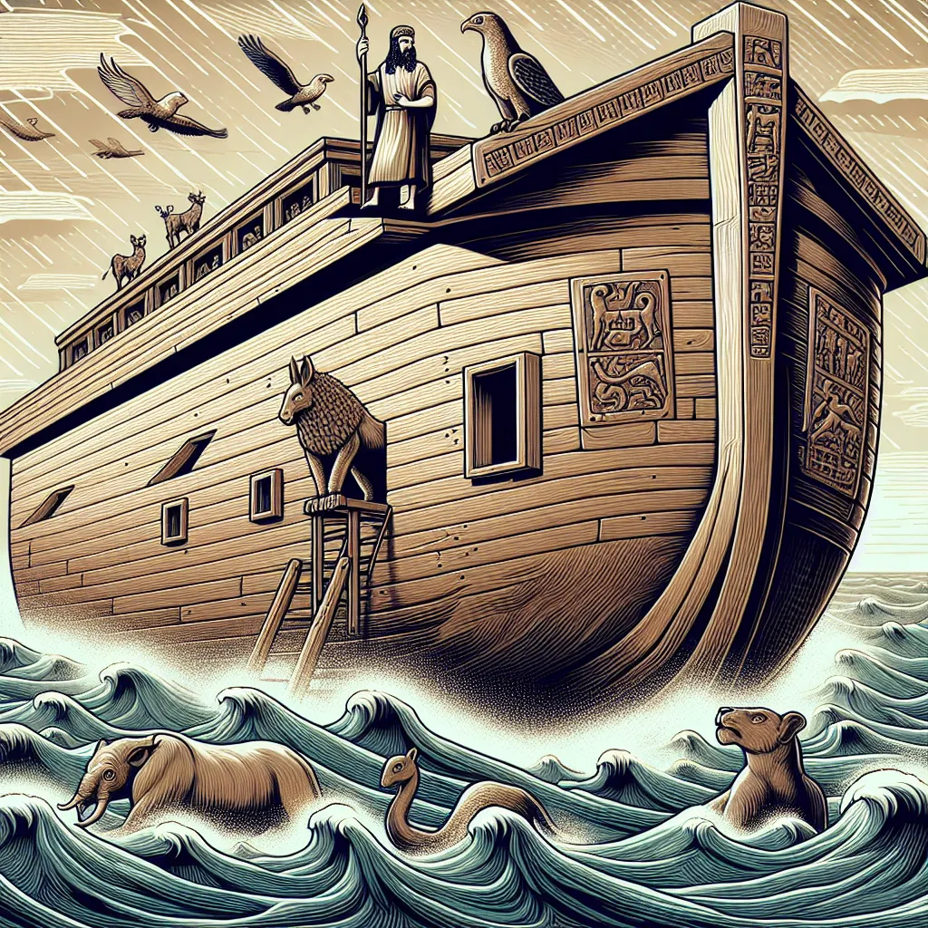 Illustration of a large wooden ark on turbulent waters, inspired by ancient Sumerian motifs, with a figure resembling Utnapishtim standing on the deck, surrounded by animals.