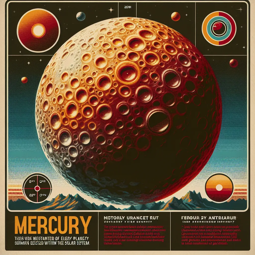 Retro-style poster featuring Mercury as a vibrant, rocky planet with its surface details, showcasing its position in the solar system and key facts like temperature and craters.
