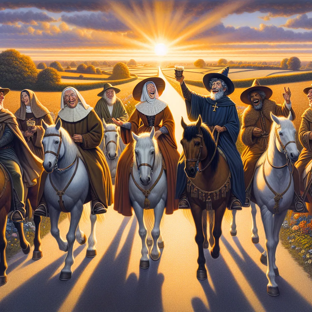 After the Wife of Bath finished recounting her tale, a brief silence fell over the group of pilgrims, each one contemplating the vigorous opinions and forthrightness of her words. The sun hung low in the sky, casting golden rays across the road that stretched ahead of them. The pilgrims adjusted in their saddles, some wearing amused expressions while others looked disconcerted.

The Friar, with his round face and jovial demeanor, was the first to break the silence. “By my faith, good Wife, your 