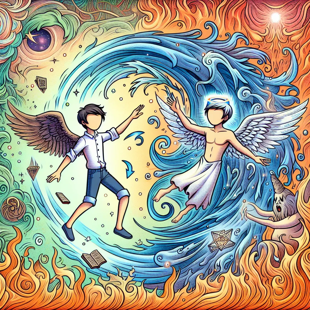 A colorful digital illustration depicting the transformation of a young man into a fallen angel, adopting the vibrant, distinctive cartoon style of the *Hazbin Hotel* series. The image shows the character mid-transformation, with angelic features and the iconic attire of Lucifer Morningstar beginning to manifest, surrounded by a swirl of magical energy. The backdrop features a whimsical, chaos-filled landscape of Hell as portrayed in the series, adding a lively and fantastical element to the sce