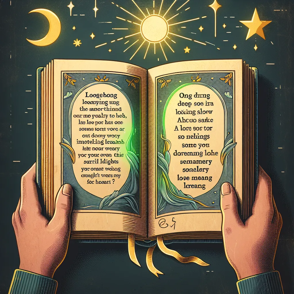 Image of a vintage book with pages open, featuring highlighted quotes about Gatsby's longing for Daisy, surrounded by symbols of dreams and reality, like a green light and a fading sunset.