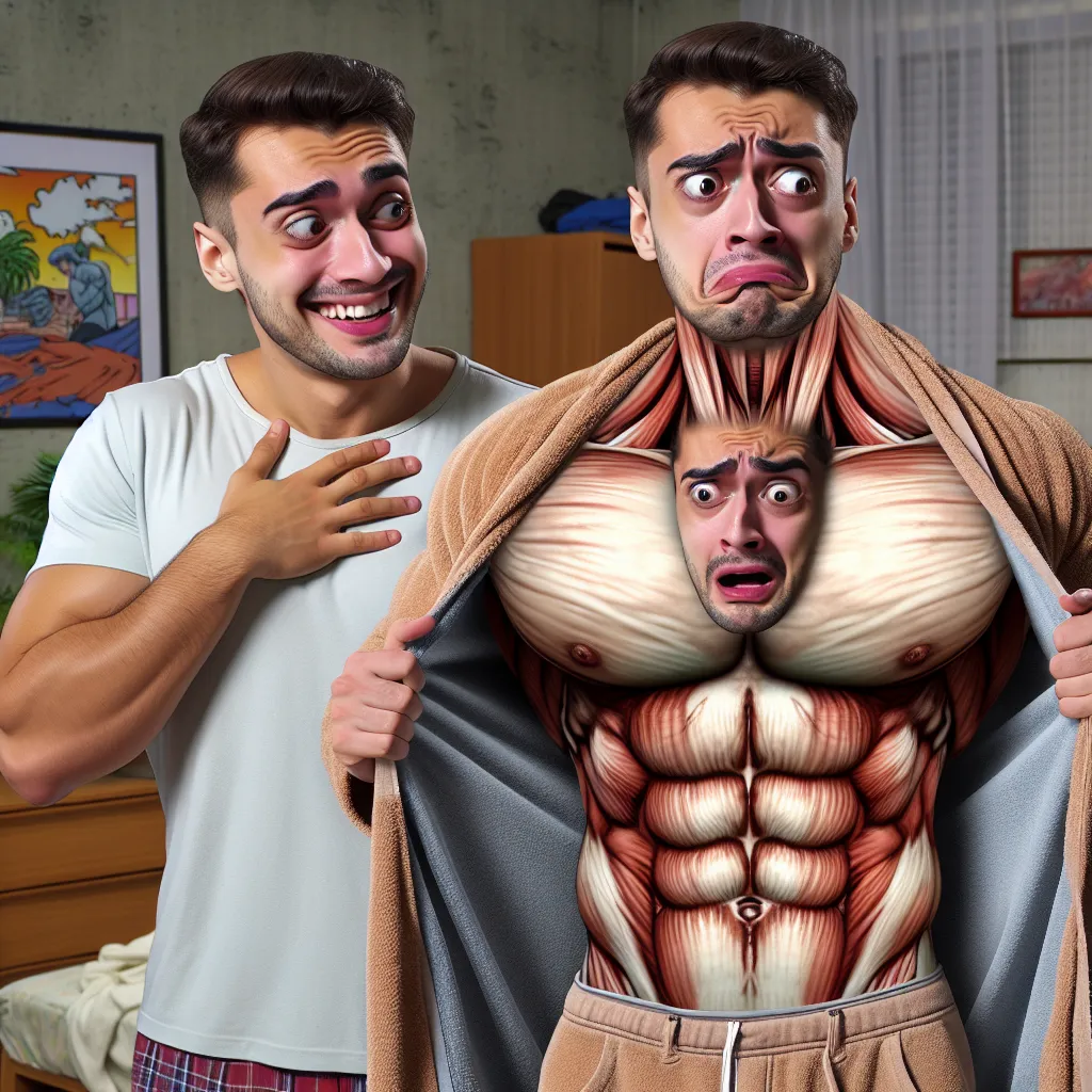 **Descripción de la imagen:** Una escena divertida donde dos hombres, uno en el cuerpo del otro, se miran con expresiones contrastantes. Rafael, en el cuerpo musculoso de Marco, tiene una sonrisa intrigada mientras se contempla los músculos. Marco, intentando lidiar con la situación, se ve horrorizado en el cuerpo de Rafael. El fondo muestra un ambiente de comedia, quizás una habitación desordenada que añade al humor de la escena.