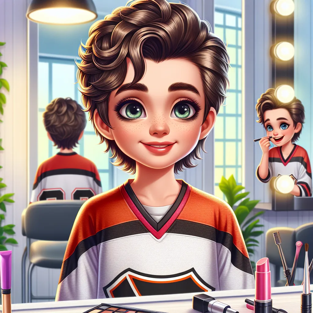 Illustration of a teenage girl in a hockey jersey, with short, messy hair resembling her brother, standing in front of a mirror with a playful smile. Her face shows faux stubble and makeup tools scattered around. In the background, there's a glimpse of a hairdresser's salon.