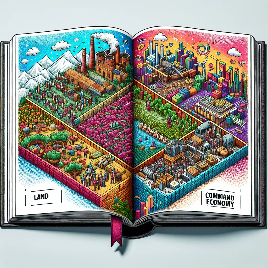 Image of an open book with a colorful illustration depicting various economic systems: a traditional marketplace with farmers selling produce, a bustling market economy with people trading goods, and a command economy with factories. Add visual elements representing factors of production: land, labor, capital, and entrepreneurship.