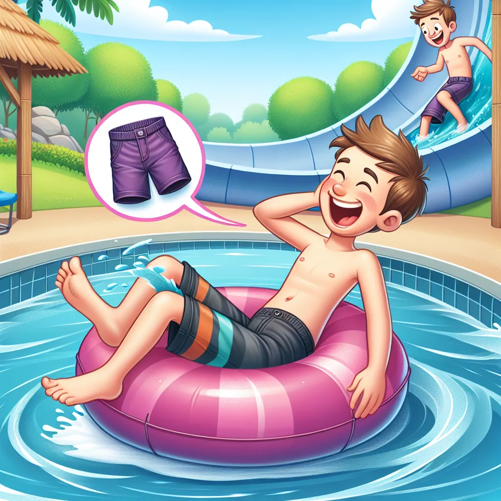 Illustration of a teenage boy floating on an inner tube in a lazy river, laughing as he discovers his unexpected outfit change to a purple bikini, surrounded by a scenic water park backdrop.