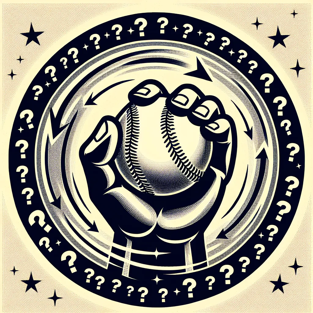 Illustration of a baseball with a knuckleball trajectory, featuring a hand gripping the ball showing a "knuckle" grip, surrounded by question marks.