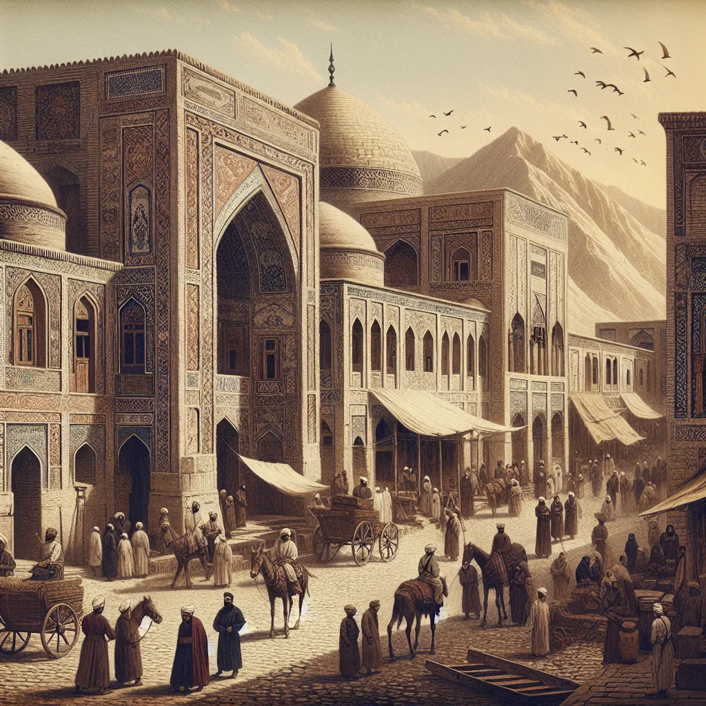 تصویر تاریخی از شهر توس در دوره اشکانیان، با معماری باستانی، خیابان‌های سنگ‌فرش و مردم محلی در لباس‌های سنتی.