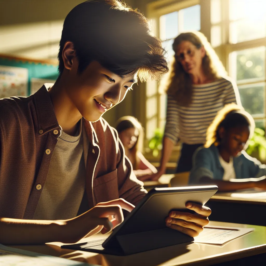 Photo of a student using a tablet in a brightly lit classroom while a teacher assists other students in the background.