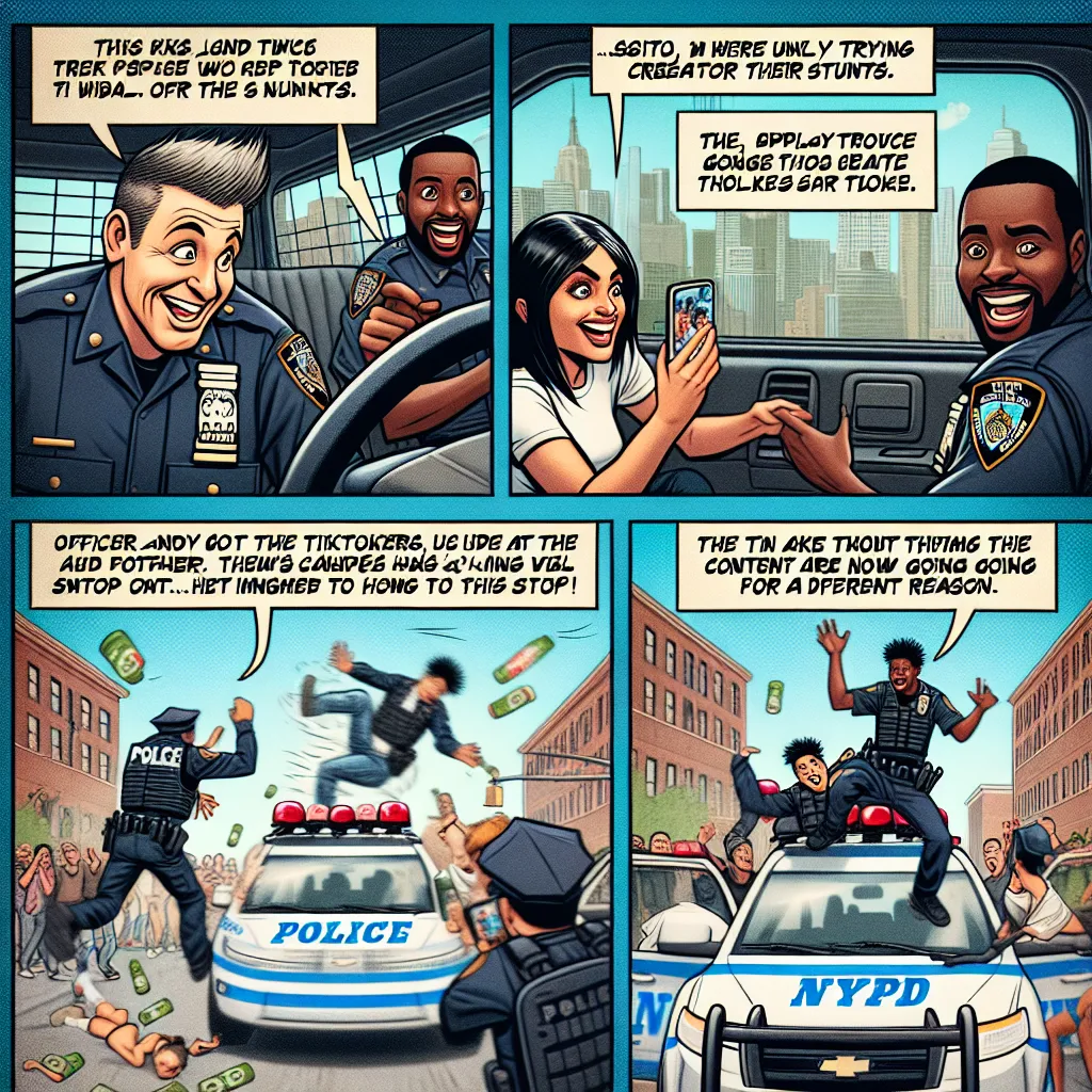 **Title: TikTok Trouble in New York**

*Scene: Inside a NYPD patrol car.*

**Officer Smith:** *laughing* "Did you see that TikToker trying to recreate those crazy stunts? What will they think of next?"

**Officer Lopez:** *shaking his head* "I don’t get it. Throwing themselves off stuff for views? It’s like they want to end up in the hospital!"

*Scene: Outside, the two TikTokers film themselves in front of a building.*

**TikToker 1:** "Okay, let’s show everyone our escape plan! Ready, set… Go!