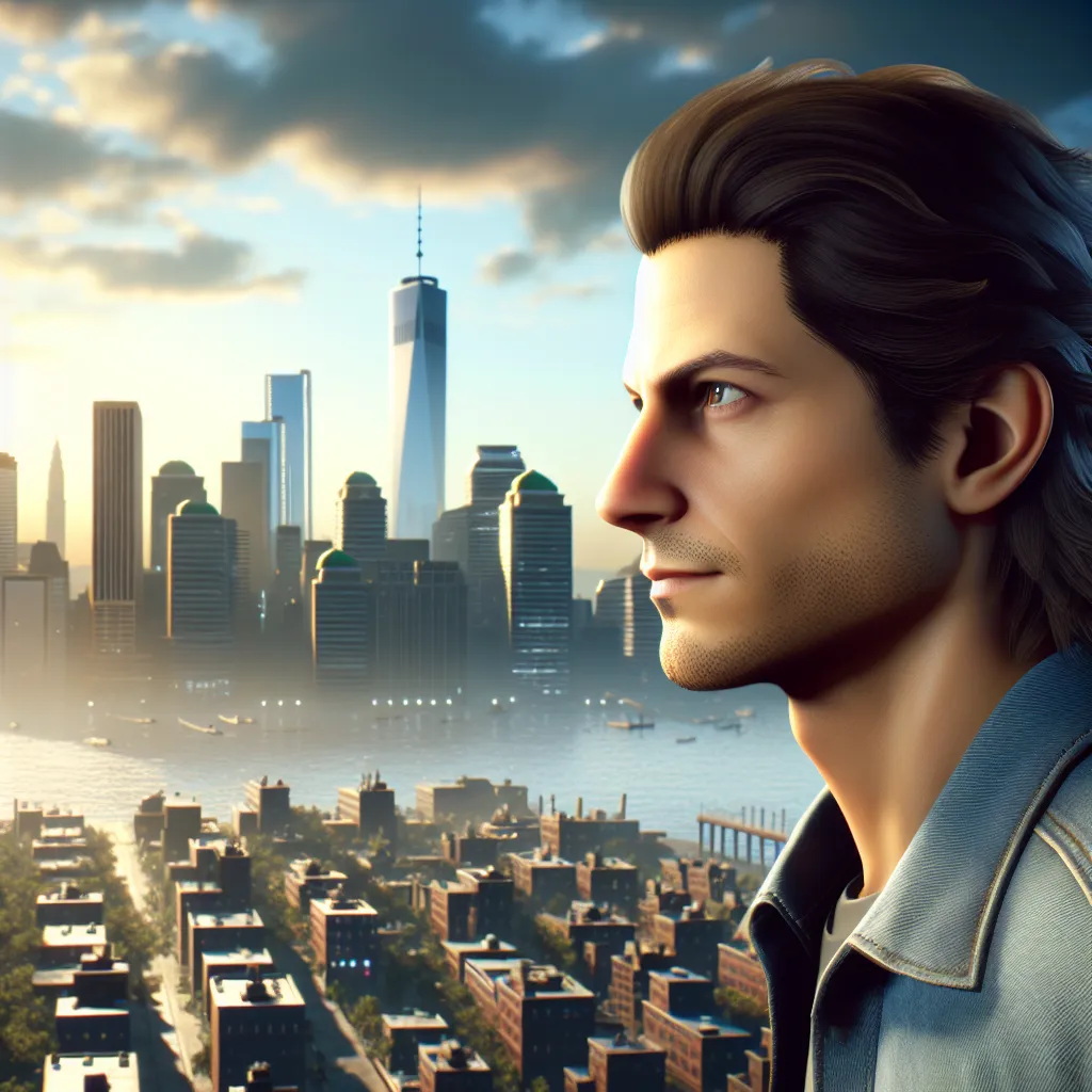 Image of a determined character, inspired by Franklin Clinton from Grand Theft Auto V, looking out over a city skyline, symbolizing ambition and the pursuit of success.