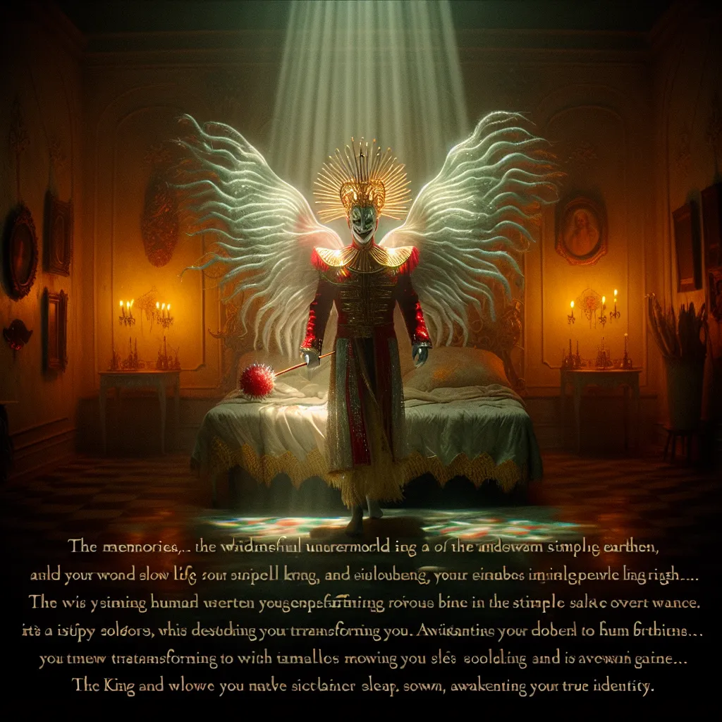 **Title: Nightfall in the Morningstar Realm** 

You lie in bed, the room dim and surreal, with fleeting memories of mundane human life dancing at the edges of your mind. As sleep beckons, a strange luminescence envelops you. Suddenly, a tall figure looms over you—Lucifer Morningstar, king of Hell, with his white skin and vibrant attire that twirls like a circus ringmaster’s.

“What... who are you?” panic flares in your chest as he smiles, his expression a blend of warmth and mischief.

“You’re s