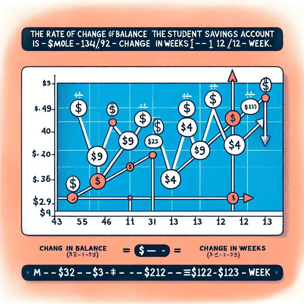 To find the rate of change of the balance of the student’s savings account, we can use the formula for the slope \( m \) of a line, which is given by:

\[
m = \frac{\text{change in balance}}{\text{change in weeks}} = \frac{y_2 - y_1}{x_2 - x_1}
\]

We can select two points from the table for our calculations. Let's use the points (1, 39) and (13, 123):

- \( x_1 = 1 \), \( y_1 = 39 \) (week 1, balance $39)
- \( x_2 = 13 \), \( y_2 = 123 \) (week 13, balance $123)

Now, substituting these values 