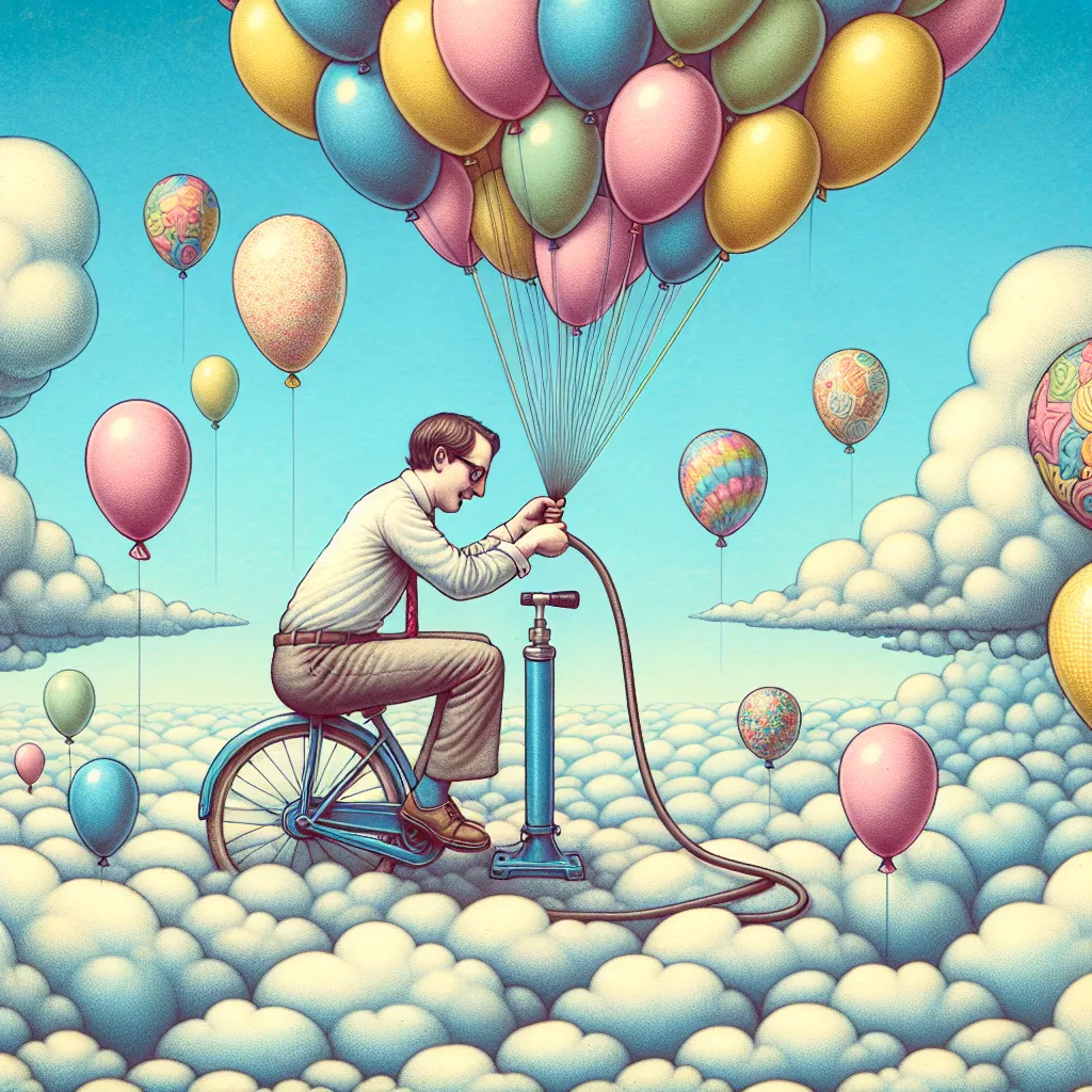 Whimsical illustration of a person inflating like a balloon using a bike pump, floating gently in the air with a surprised expression, surrounded by colorful balloons and clouds.