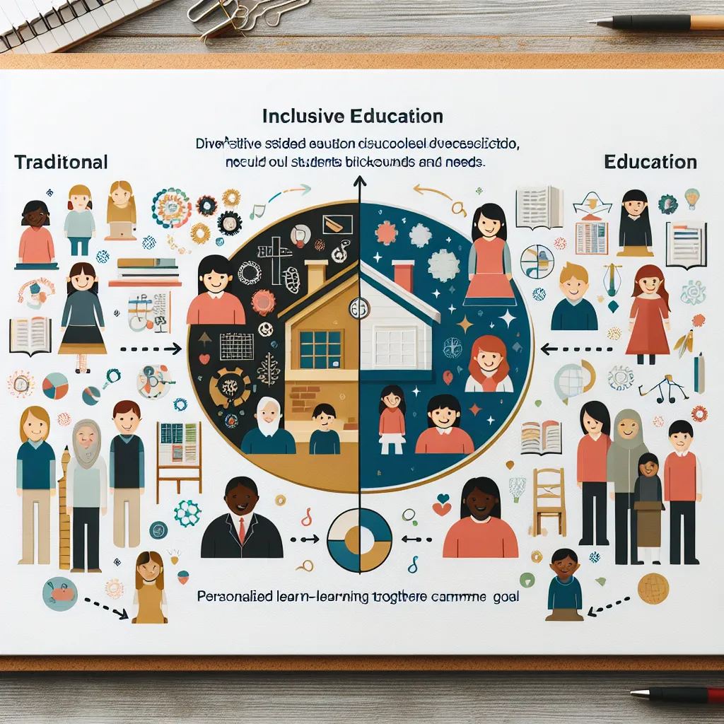 An infographic illustrating the contrast between traditional education methods and inclusive education, highlighting diverse student needs, personalized learning strategies, and collaboration among educators.