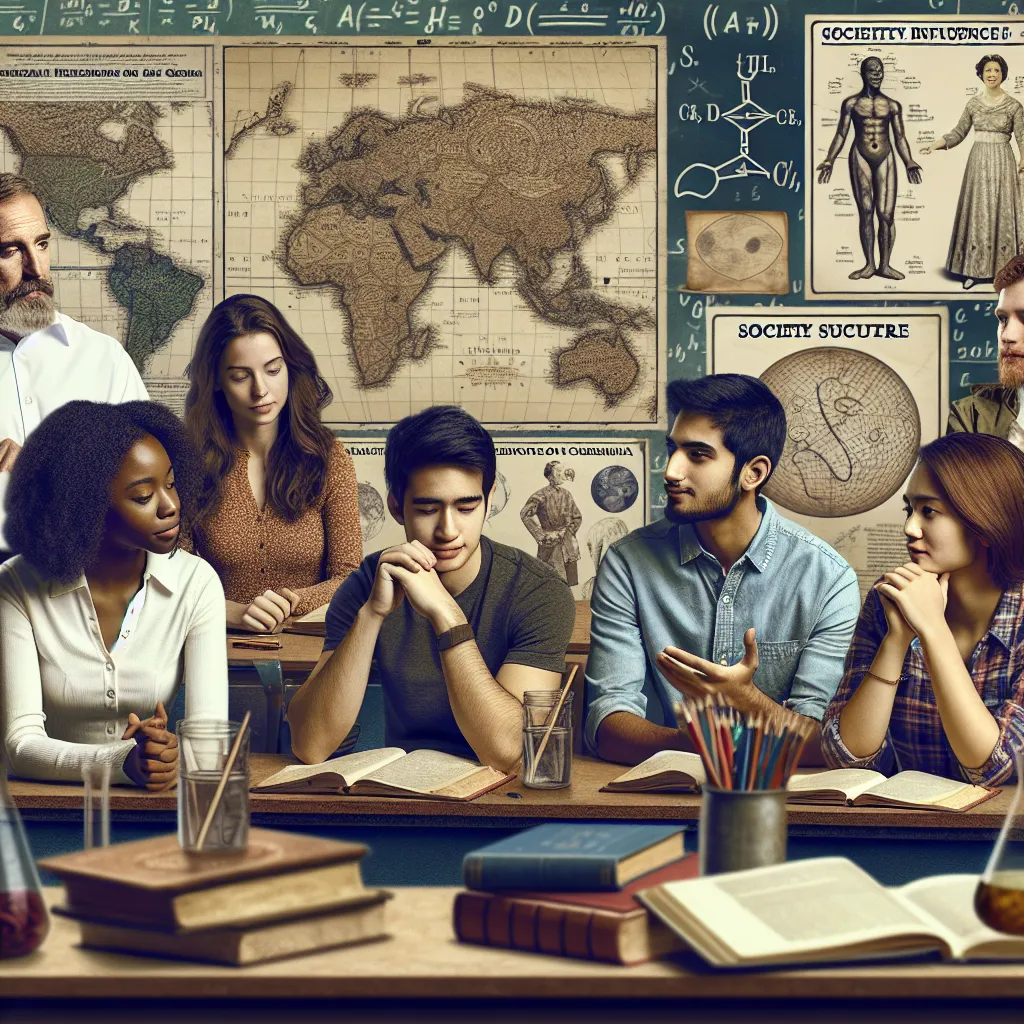 An image of a diverse classroom setting with students engaging in discussion, surrounded by historical maps and educational materials, highlighting the themes of curriculum and societal influence in education.