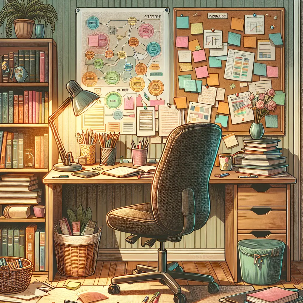 Illustration of a cozy study space with tools like mind maps, sticky notes, and a visual organizer chart on a desk.