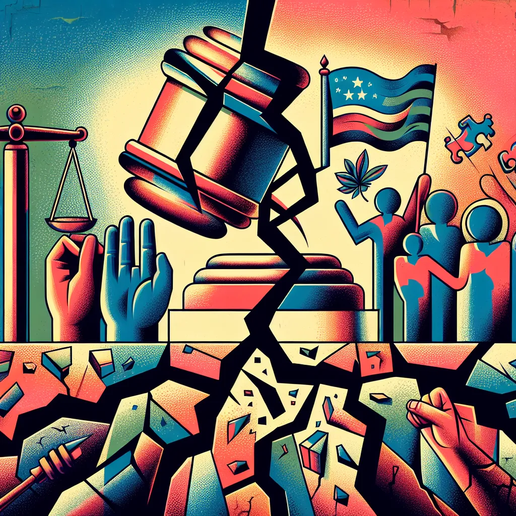 Create an abstract illustration symbolizing moral decay, featuring a cracked foundation with fragmented societal symbols like a broken gavel, a torn flag, and fading community icons, set against a backdrop of contrasting vibrant and dull colors to represent conflict and polarization.