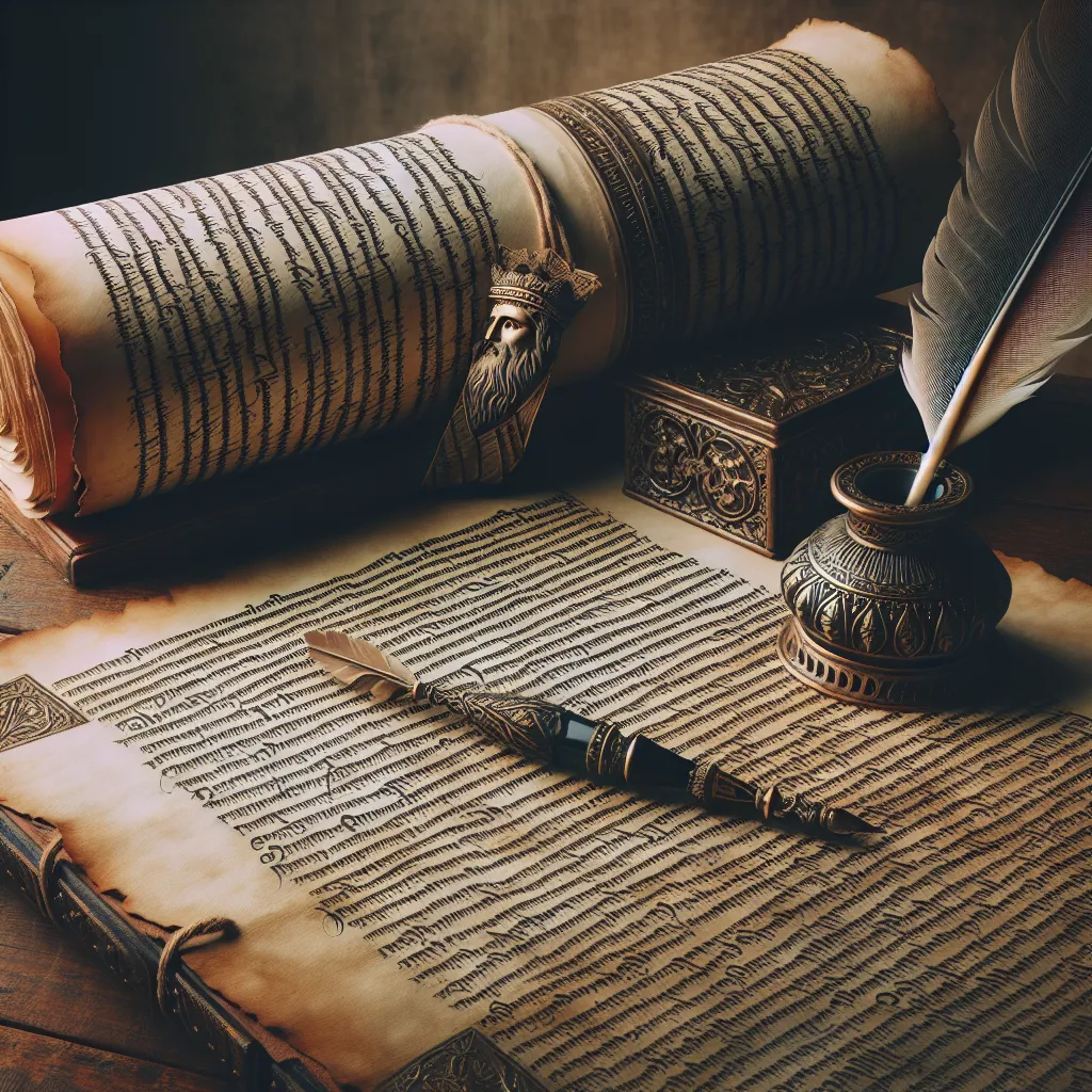 Image of an ancient manuscript with a focus on historical texts, featuring a quill and ink beside it, representing the scholarly debate on historical interpretations.