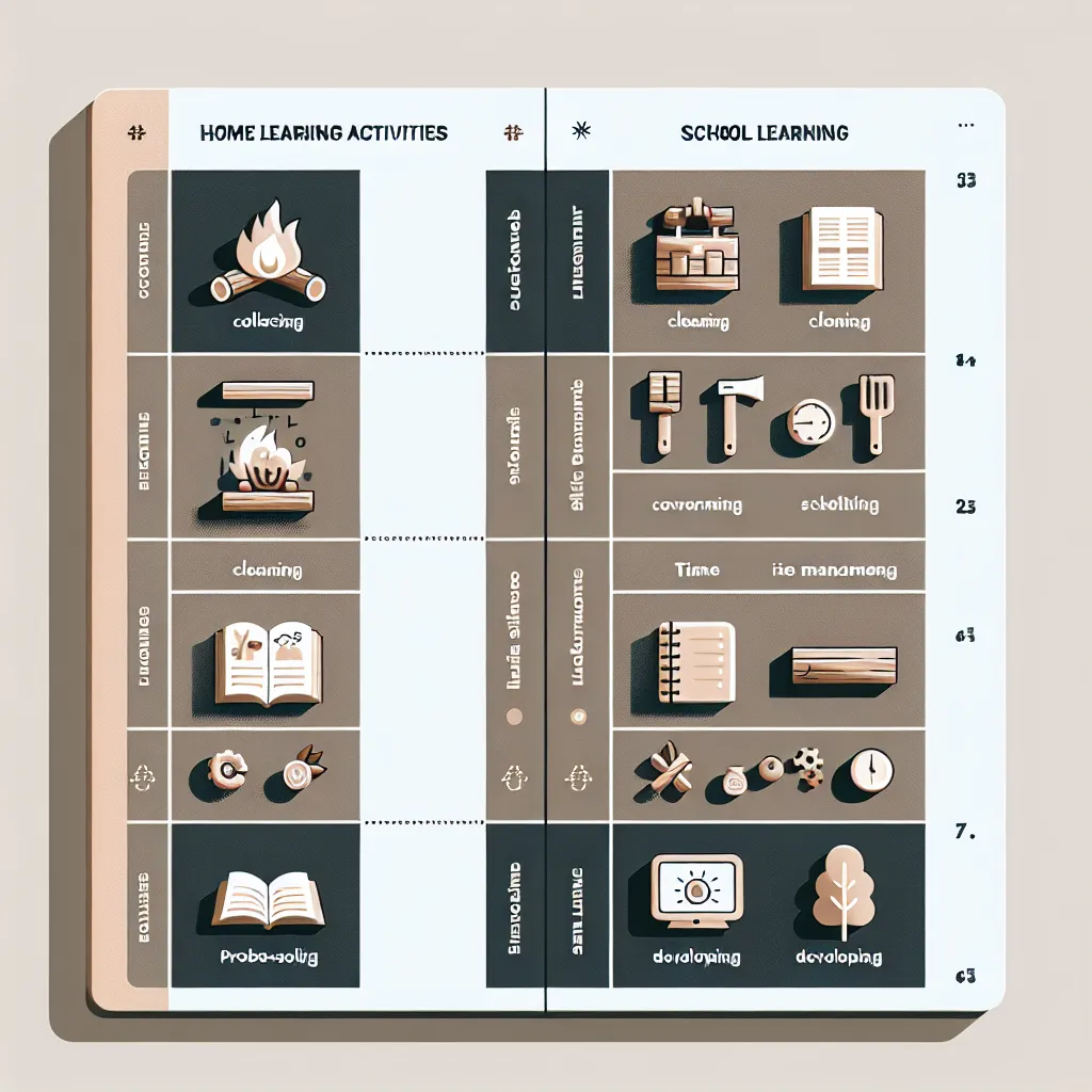 Infographic-style illustration of a table comparing home learning activities like collecting wood, cleaning, and cooking with school learning experiences, highlighting skills developed in each setting.