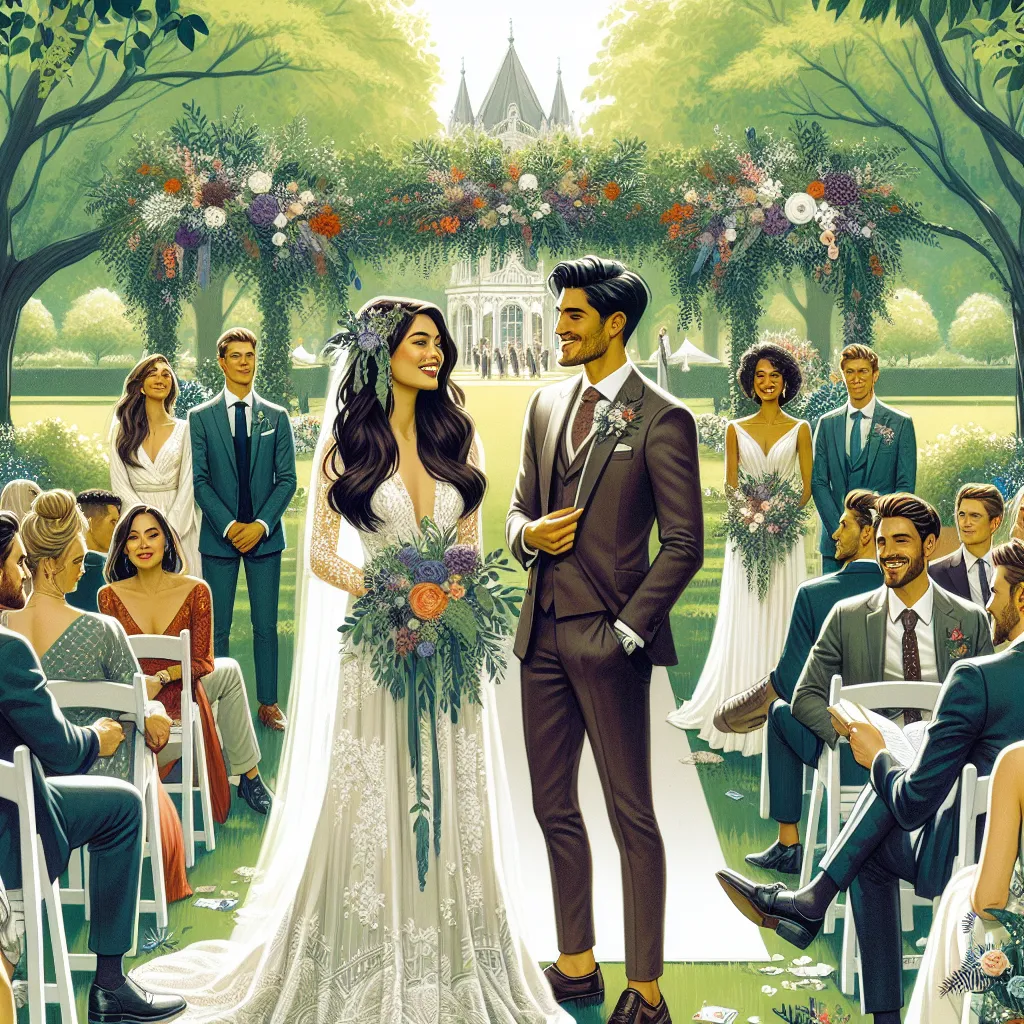 Ilustração de um casal em um belo parque, realizando uma cerimônia de casamento ao ar livre, cercados por amigos e familiares.