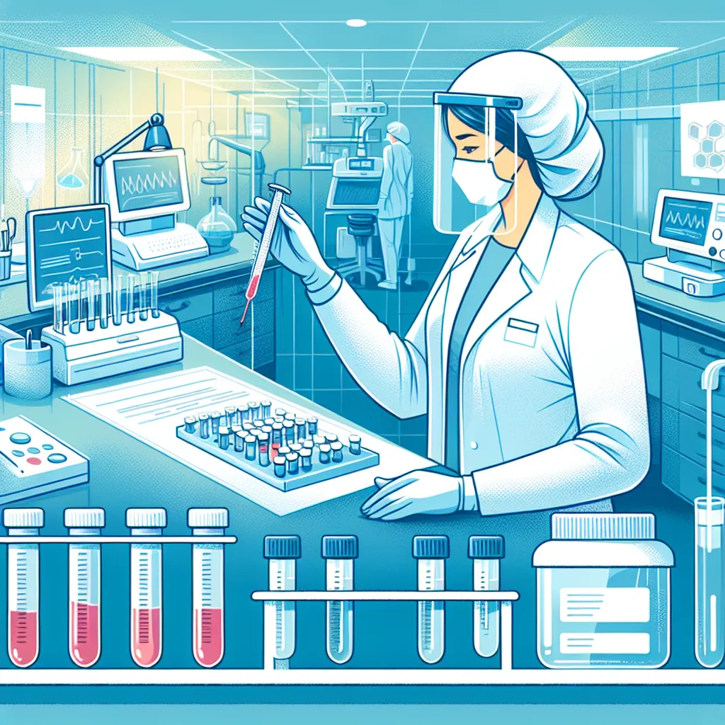 Illustration of a healthcare professional in a lab coat, handling safety equipment while examining a variety of bodily fluid samples in a laboratory setting.