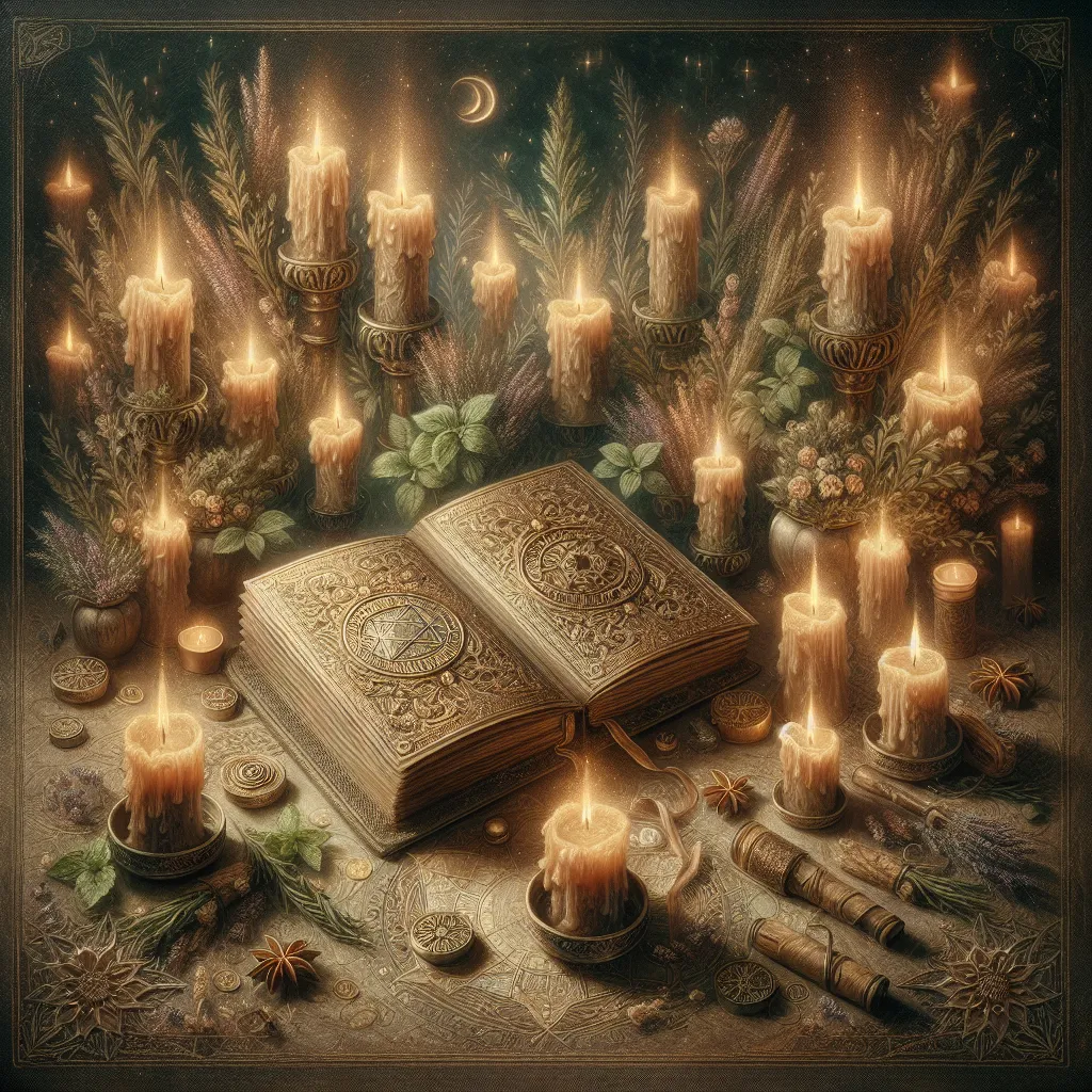 Artistic poster featuring a mystical scene with a spellbook, glowing candles, and herbs, creating an enchanting atmosphere for love spells.
