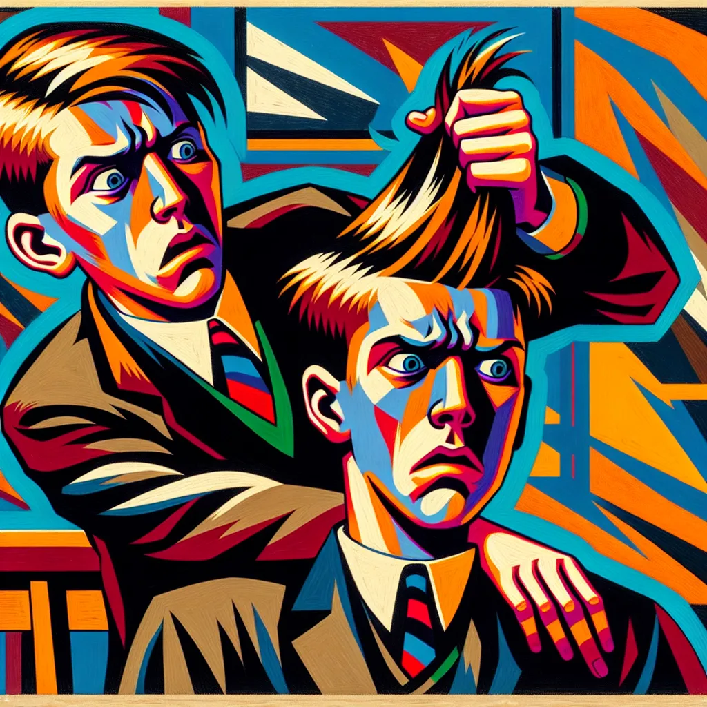 Teen, Prank, Brother, Confusion, Haircut in an abstract style