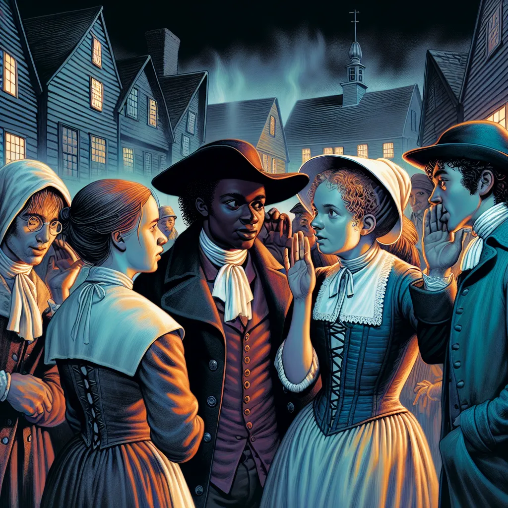 Illustration of a group of young girls in a dimly lit Puritan village, whispering and looking at each other conspiratorially, with a sense of tension and drama in the air.