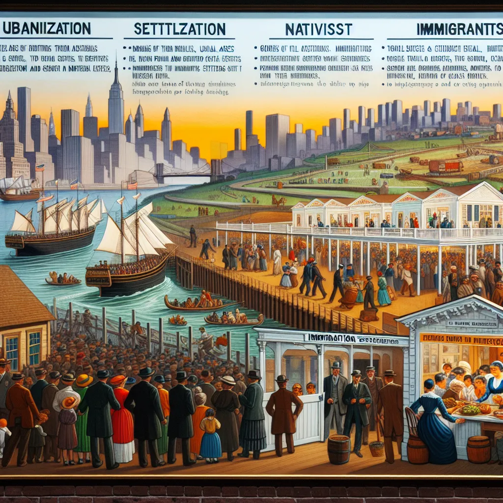 Sure! Here are the short answers:

61) **Urbanization**: The process of population moving from rural areas to cities, leading to the growth of urban areas.

62) **Steerage**: The lowest deck on a ship, traditionally used for accommodating passengers traveling at the cheapest rates, often associated with immigrants.

63) **Jane Addams and Settlement Houses**: Jane Addams was a social reformer who founded Hull House, a settlement house in Chicago that provided social services and education to immi