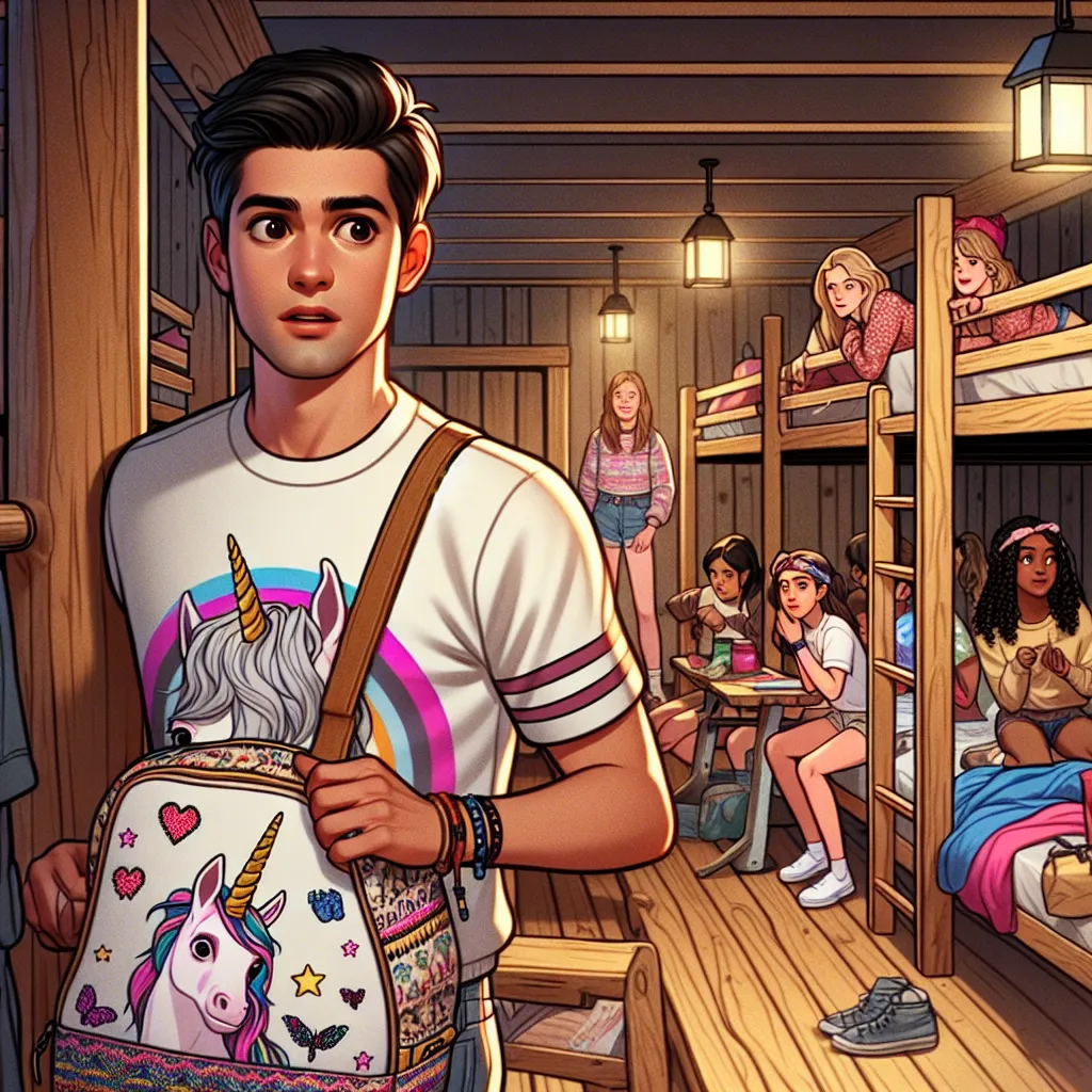 Illustration of a teenage boy standing beside a bunk bed in a cabin, holding a bag with a unicorn on it and looking confused while surrounded by girls in a brightly colored camp setting.