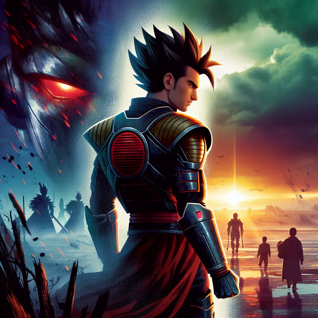 Illustration of a powerful Saiyan named Turles, dressed in armor, standing on a conquered Earth with a conflicted expression, gazing at his pacifist son. The son, dressed in simple clothes, looks determined yet troubled, symbolizing their contrasting ideals. In the background, shadows of defeated heroes linger, and the sky is a mix of dark clouds and faint light, representing the conflict between their paths.