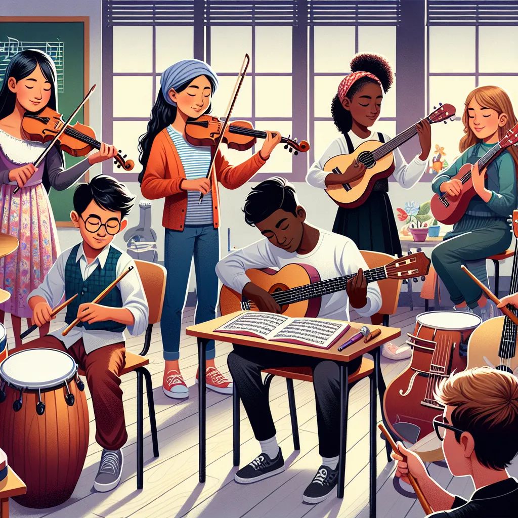 Illustration of a diverse group of students playing various musical instruments in a classroom setting.