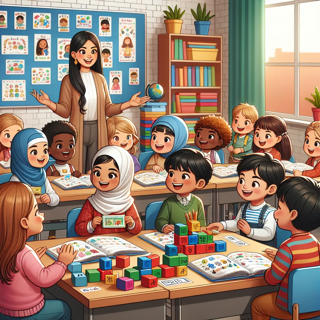 Image of children in a classroom, interacting with a teacher using colorful blocks and flashcards, illustrating the concept of scaffolding in language acquisition.