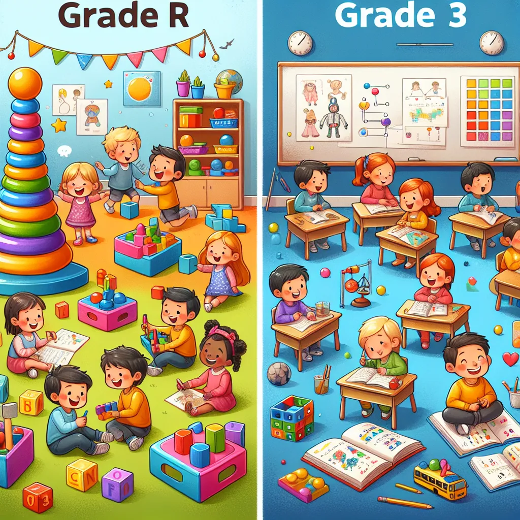 **Grade R Curriculum vs. Grade 1-3 Curriculum**

**Grade R (Reception Year) Curriculum:**
- **Focus**: Developmentally appropriate play-based learning.
- **Examples**:
  - **Literacy**: Introduction to letters and sounds through songs and games.
  - **Numeracy**: Basic counting using objects like blocks or toys.
  - **Social Skills**: Learning to share and cooperate through group activities.

**Grade 1-3 Curriculum:**
- **Focus**: More structured academic learning, building on foundational skill