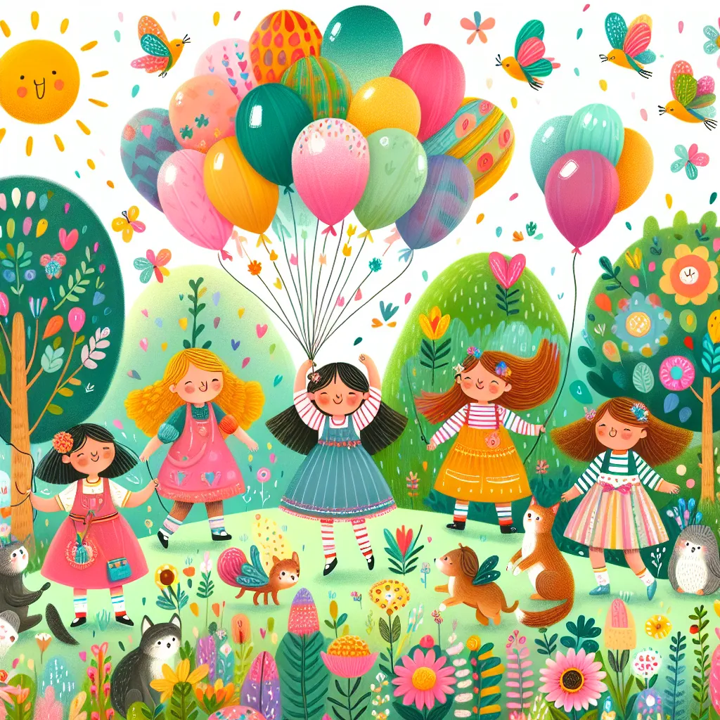 Whimsical illustration of a family of girls in a colorful park, each joyfully inflating like balloons, surrounded by cheerful animals and vibrant flowers.