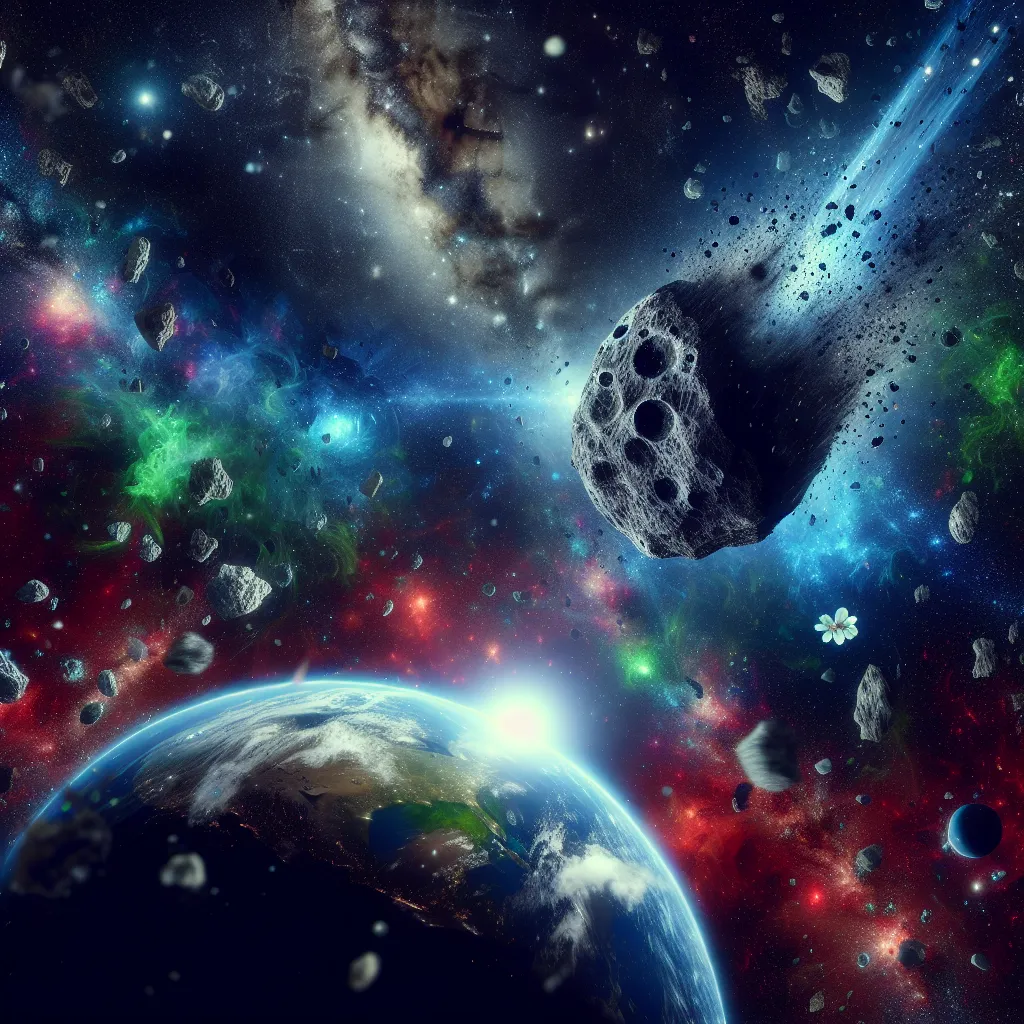 Illustration of a darkened Earth with a giant asteroid hurtling towards it, surrounded by vivid space scenes and cosmic debris.